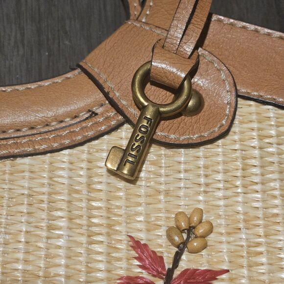 Vtg Fossil Purse Beige Straw Woven Bag Handbag Wooden Handle Boho Floral Beaded - Picture 6 of 13